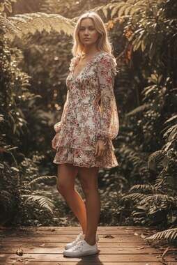 City Vibe Floral Long Sleeve Ruffle Trim Mini Dress Size Large